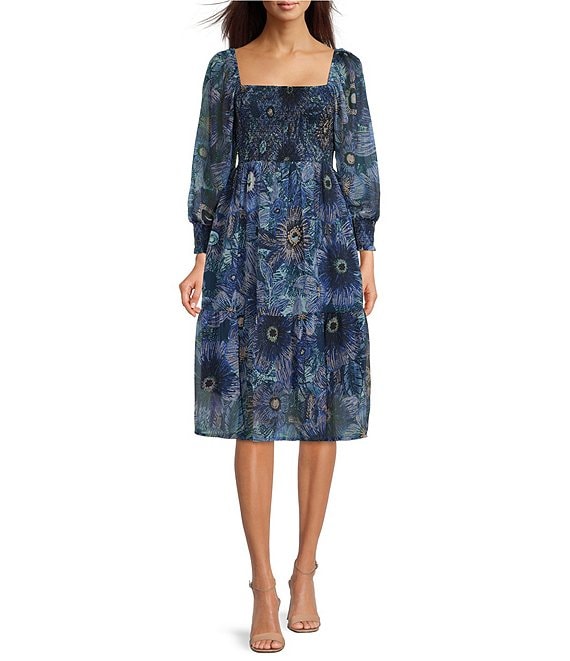 Vince Camuto Petite Size Long Sleeve Floral Print Square Neck Smocked Tiered A-Line Midi Dress