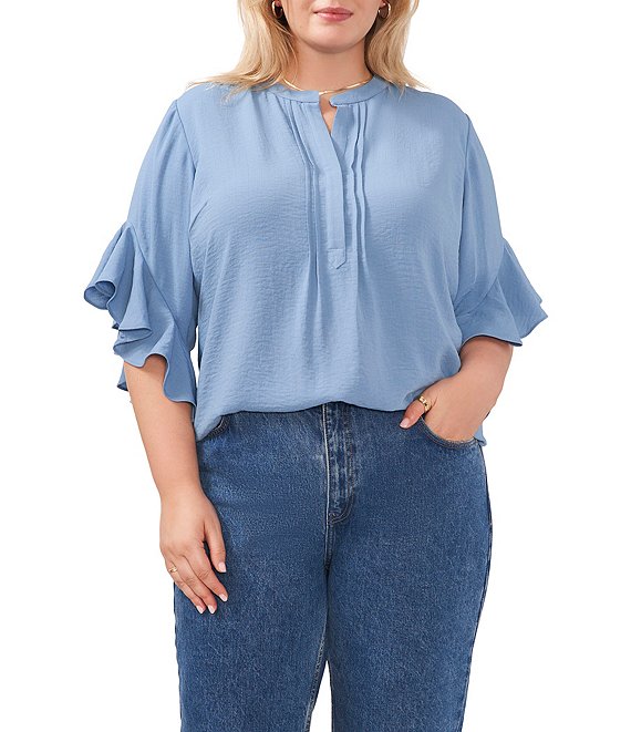 Color:Blue Shadow - Image 1 - Plus Size Banded Collar Short Ruffle Sleeve Blouse