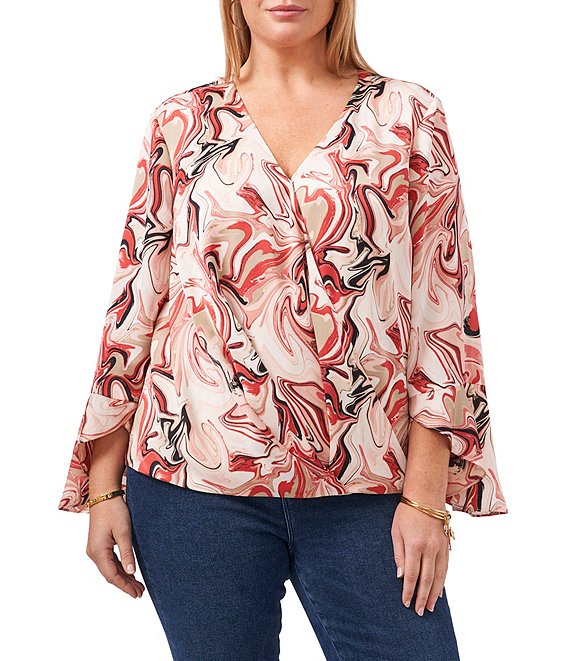 Vince Camuto Plus Size Charmeuse Marble Print Long Ruffled Sleeve ...