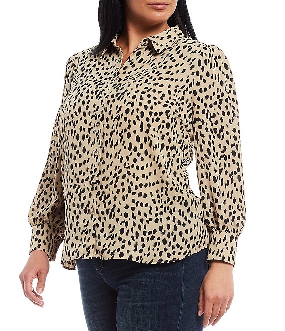 Vince Camuto Plus Size Point Collar Long Sleeve Leopard Print Button ...