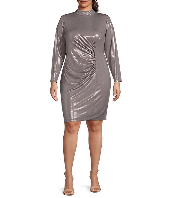 Color:Steel - Image 1 - Plus Size Long Sleeve Mock Neck Foiled Ruched Sheath Dress