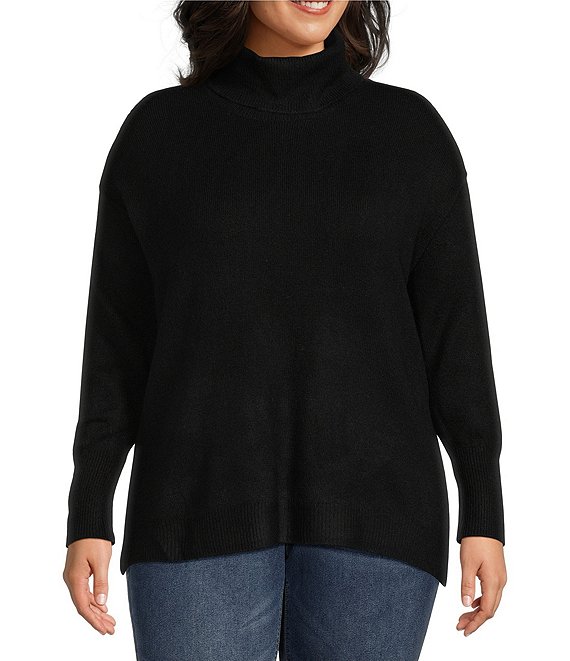 Color:Rich Black - Image 1 - Plus Size Long Sleeve Turtleneck Sweater