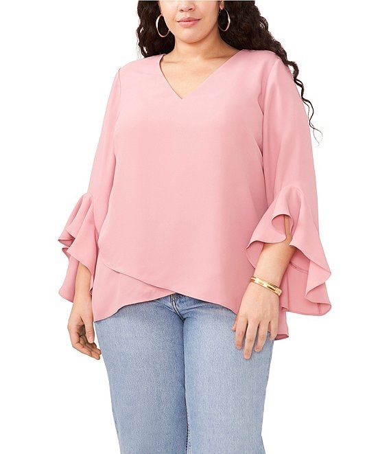 Vince Camuto Plus Size Luxe Crepe De Chine 3/4 Ruffle Sleeve V-Neck ...