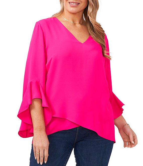 Vince Camuto Plus Size Luxe Crepe De Chine 3/4 Ruffle Sleeve V