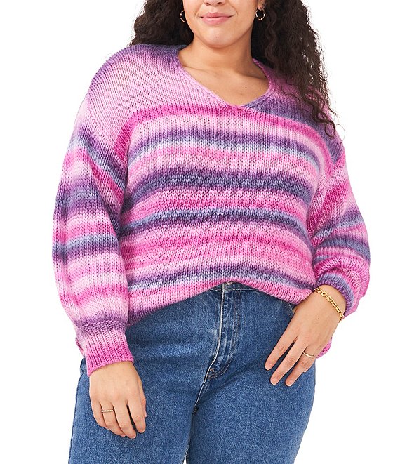 Vince Camuto Plus Size Striped V-neck Roving Long Sleeve Sweater