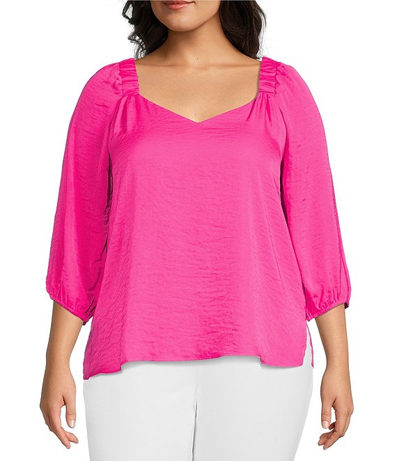 Color:Hot Pink - Image 1 - Plus Size Sweetheart Neck 3/4 Puff Sleeve Elastic Shoulder Rumple Blouse