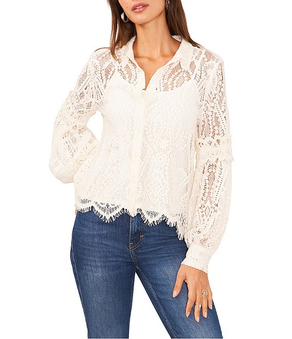 Color:New Ivory - Image 1 - Point Collar Long Bishop Sleeve Scalloped Hem Embroidered Lace Button Front Blouse