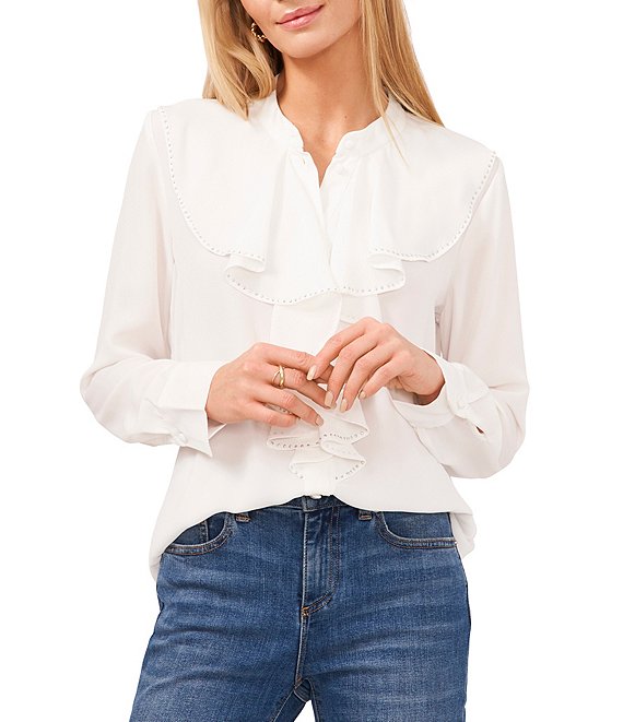 Vince Camuto Band Collar Long Sleeve Ruffled Button Front Shirt