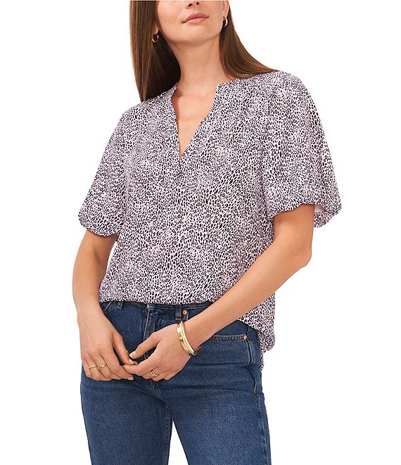 Vince Camuto Printed Short Puffed Sleeve V-Neck Top | Dillard's