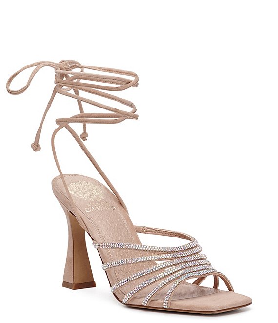 Color:Beige - Image 1 - Rebitin Suede Embellished Ankle Wrap Dress Sandals