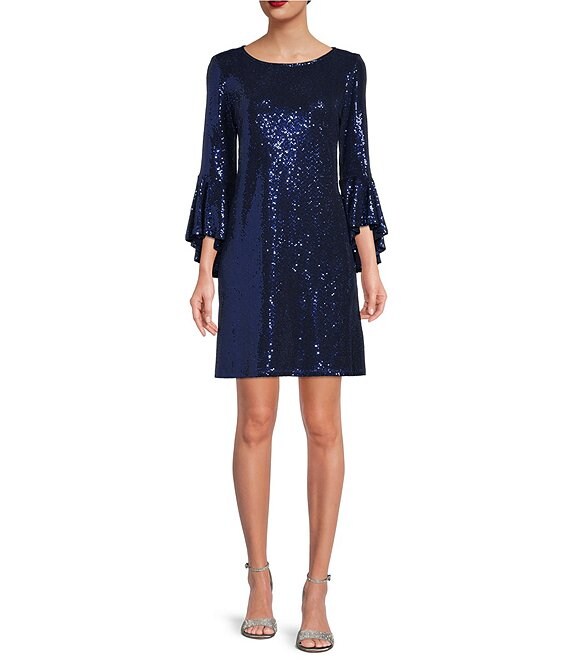 Vince Camuto Round Neck Flounce Sleeve Sequin Shift Dress