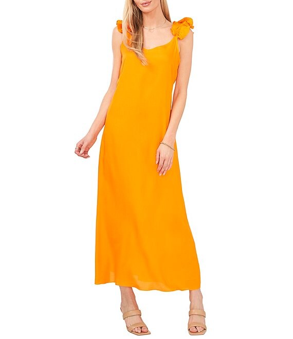 Color:Sunset Orange - Image 1 - Ruffle Strap Sleeveless V-Neck Maxi Sundress