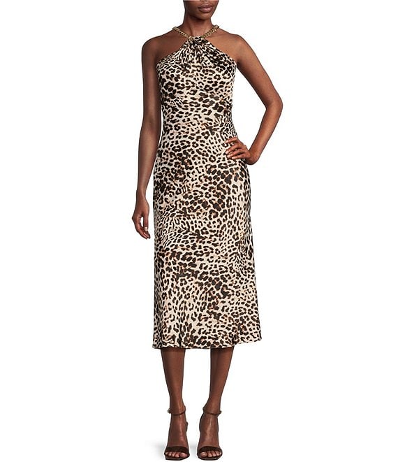 Color:Brown - Image 1 - Sleeveless Halter Neck Animal Print Satin Midi Dress