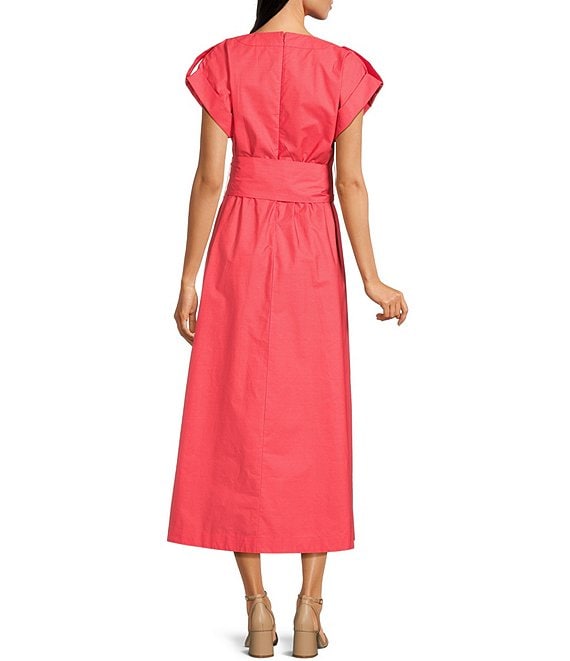 Vince Camuto Solid V-Neck Cap Sleeve Belted Midi A-Line Dress | Dillard's Vince Camuto Solid V-Neck Cap Sleeve Belted Midi A-Line Dress | Dillard's