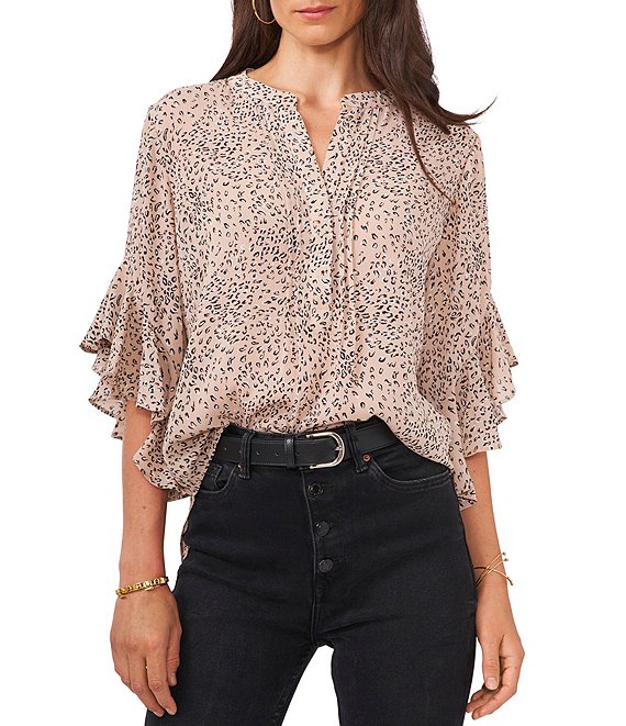 Vince Camuto Split V-Neck 3/4 Ruffle Sleeve Cheetah Henley Blouse ...