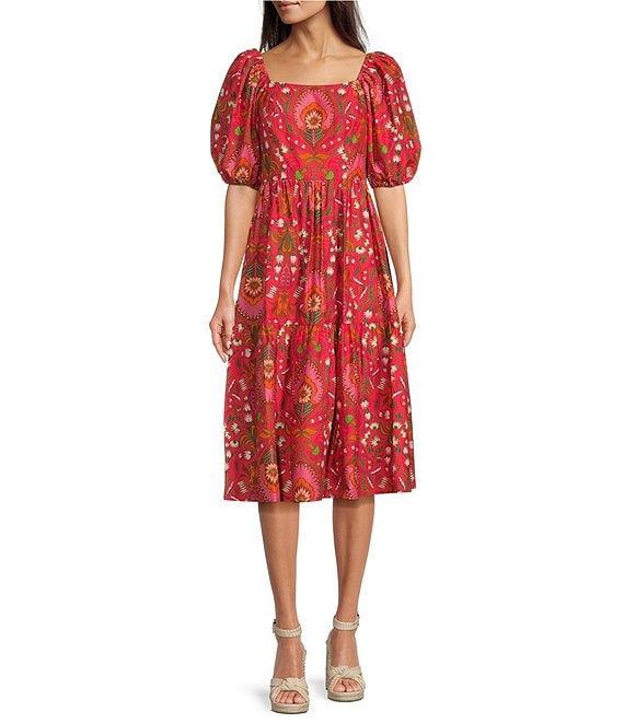 Vince Camuto Square Neck A Line short Puffed Sleeve Midi Dress | Dillard's