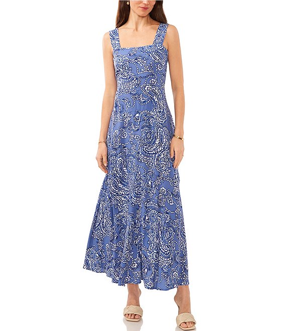 Vince Camuto Square Neck Sleeveless Thick Strap Paisley Print A-Line ...