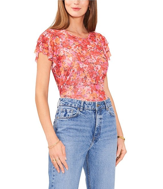 Vince Camuto Sunrise Floral Print Mesh Crew Neck Short Flutter Sleeve Top