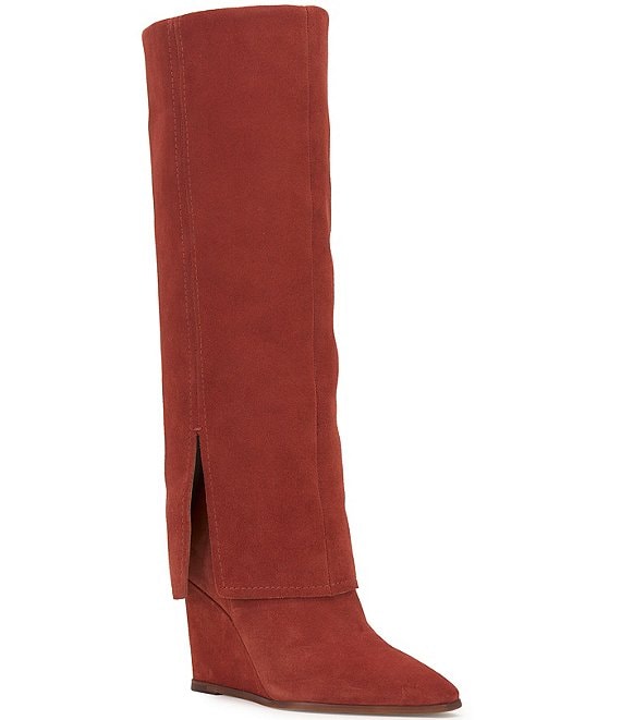 Color:Ketchup - Image 1 - Tibani Suede Knee High Foldover Wedge Boots