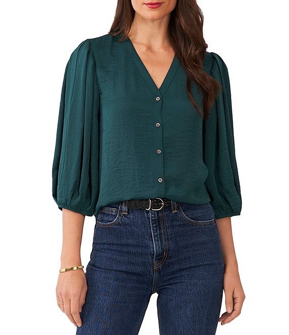 Vince Camuto V-Neck Button Front 3/4 Balloon Sleeve Blouse | Dillard's