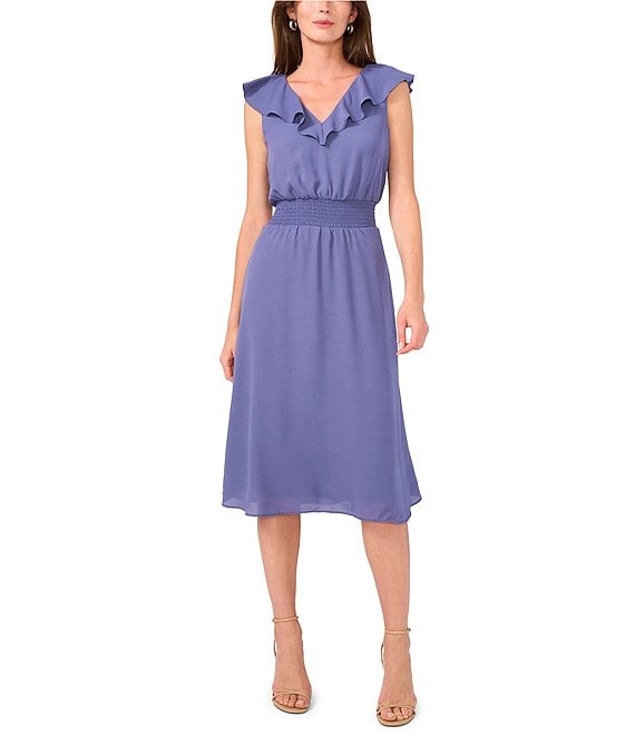 Vince Camuto V Neck Cap Ruffle Sleeve Dress | Dillard's