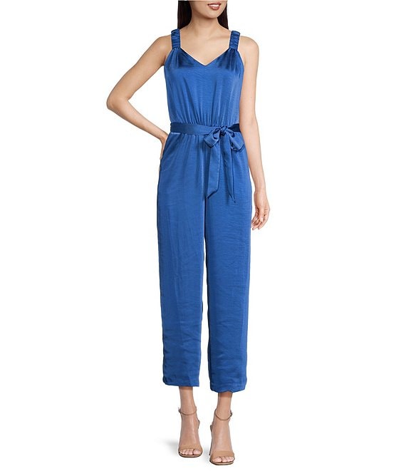 Vince Camuto V Neck Scrunched Sleeveless Belted Jumpsuit Dillards