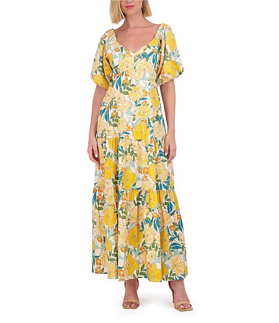 Vince Camuto V-Neck Short Sleeve Floral Maxi Dress | Dillard's