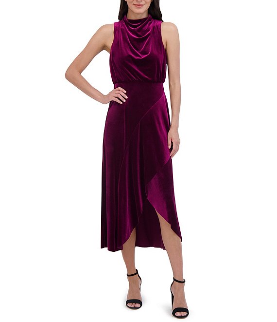 Vince Camuto Velvet Drape Cowl Mock Neck Blouson Wrap Ruffle Flounce Silt Hem Midi Dress Dillard s