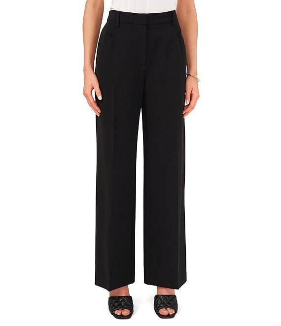 Color:Rich Black - Image 1 - Wide Leg High Rise Pleat Front Pocketed Pants