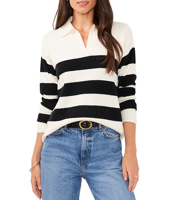 Vince Camuto Wide Striped Long Sleeve Point Collar Ribbed Cuff Knit ...
