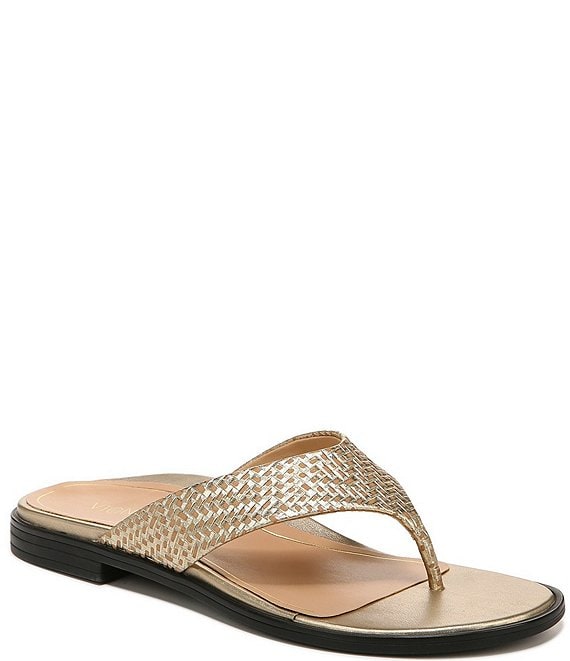 Color:Gold Geo - Image 1 - Agave Geo Woven Print Leather Thong Sandals