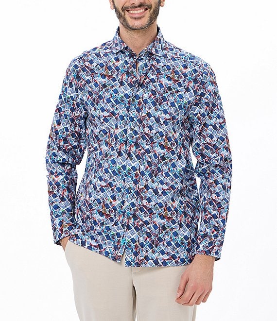 Visconti Geo Pattern Long Sleeve Woven Shirt, Multi - Image 1
