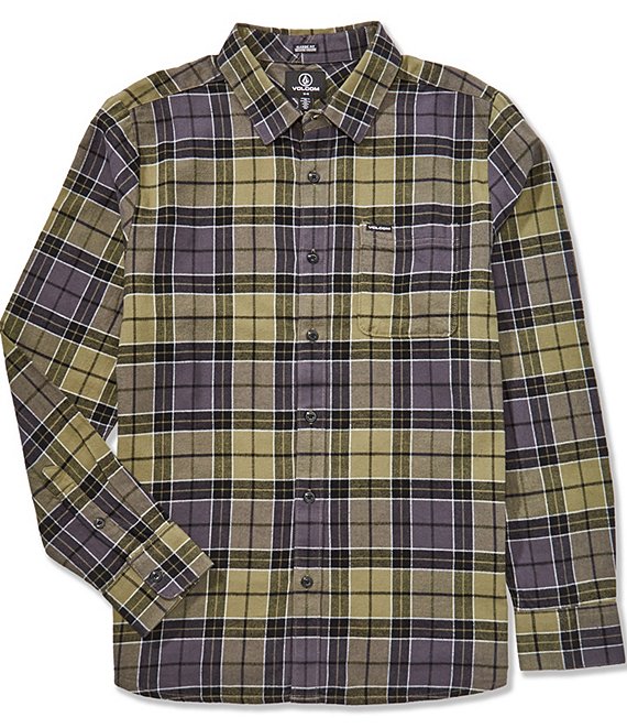 Volcom Caden Long Sleeve Plaid Flannel Shirt, Dark Olive - Image 1