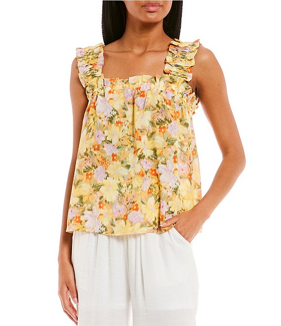 Color:Apricot Multi - Image 1 - Watercolor Floral Print Ruffle Strap Pull-On Top