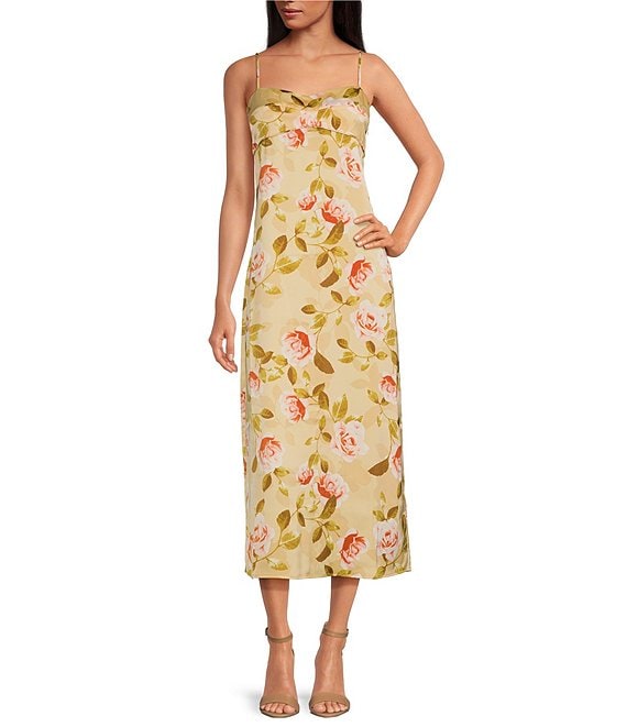 Color:Champagne Roses - Image 1 - Floral Print V-Neck Sleeveless Midi Slip Dress