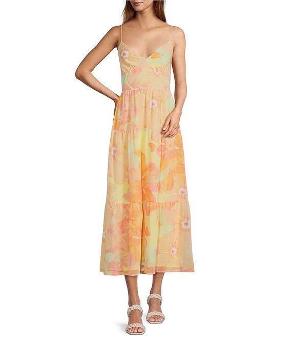 Color:Yellow Orchid - Image 1 - Orchid Floral Print Plunging V-Neck Sleeveless Tiered Back Detail A-Line Midi Dress