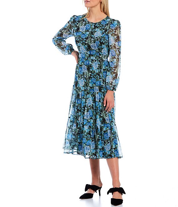 Color:Blue Roses - Image 1 - Rose Floral Print Long Blouson Sleeve Jewel Neck Open Back Detail Tiered Midi Dress