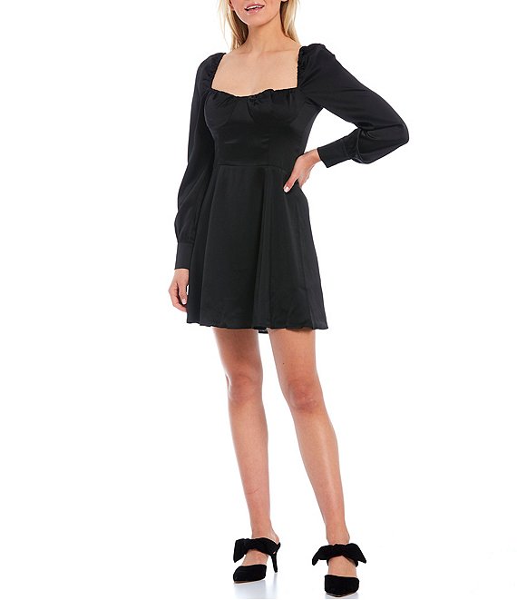 Color:Black - Image 1 - Square Neck Long Blouson Sleeve Fit and Flare Tie Back Detail Mini Dress