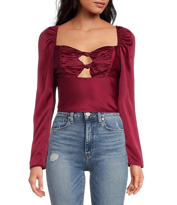 Color:Wine - Image 1 - Sweetheart Neck Long Sleeve Knotted Cutout Top