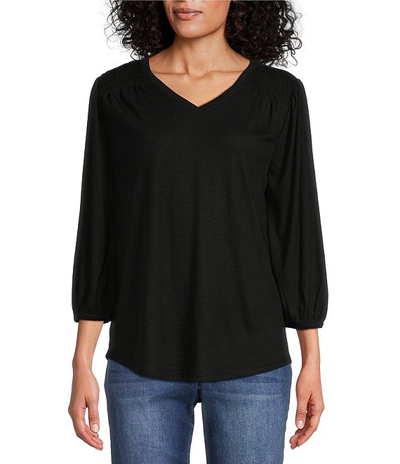 Westbound 3/4 Sleeve V-Neck Gathered Knit Shirt