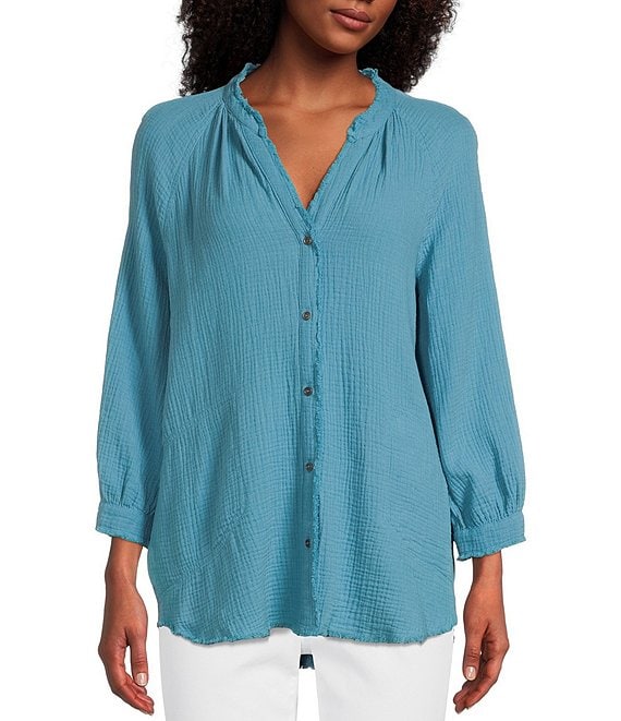 Westbound 3/4 Sleeve Y-Neck Button Front Double Gauze Blouse | Dillard's