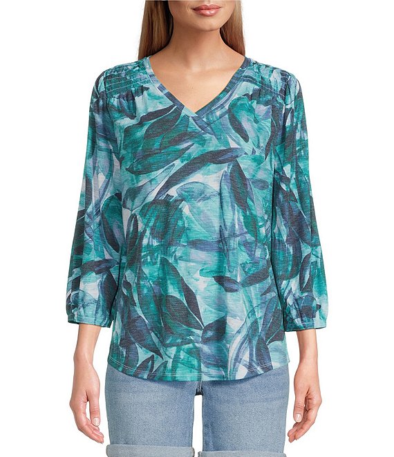 Westbound Abstract Leaf Print 3/4 Balloon Sleeve V-Neck Knit Shirt ...