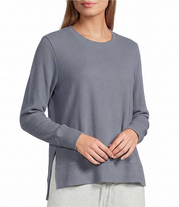 Westbound ULTRA LUXE Athleisure Knit Long Sleeve Crew Neck Side Slit Ultra Luxe Top, Basalt Grey - Image 1