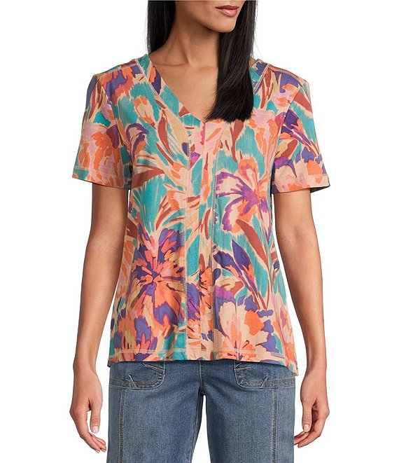 【THE MOZZ】Lucy V-neck Short Sleeve Setup Westbound Brushstroke Blossom Floral Short Sleeve V-Neck Top