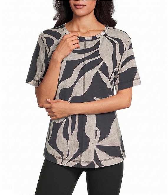 Westbound Dancing Leaves Slub Knit Short Sleeve Crew Neck Top
