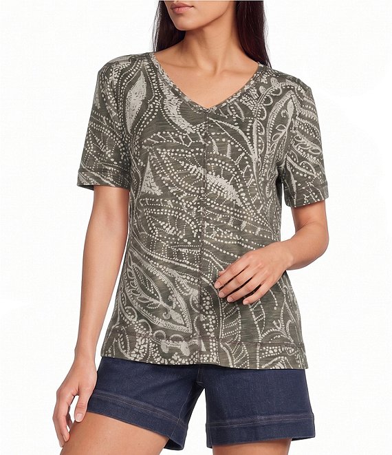 Westbound Dotted Vines Print Short Sleeve V-Neck Top