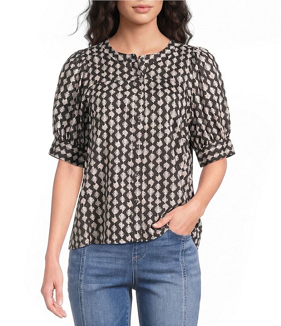 Westbound Elbow Sleeve Y-Neck Button Front Top