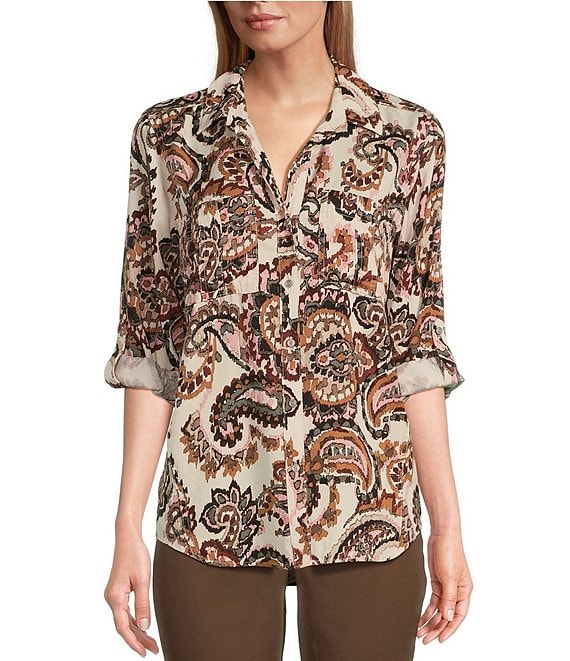 Westbound Heritage Paisley Print Woven Long Roll Tab Sleeve Point