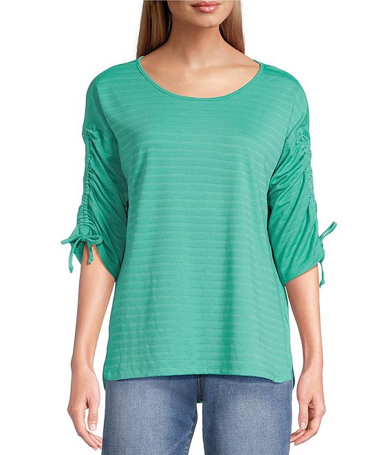 Westbound Knit 3/4 Ruched Sleeve Crew Neck Top, Beryl Green - Image 1