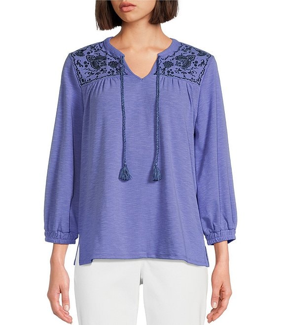 Westbound Knit V-Neck Long Sleeve Embroidered Top | Dillard's